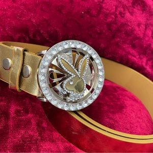 💥RARE💥Metallic GOLD Y2K Rhinestone Bling Playboy Spinner Belt Buckle Belt